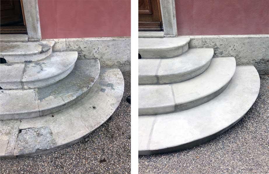 Restaurierung einer Kalksteintreppe an einem denkmalgeschützten Gebäude
