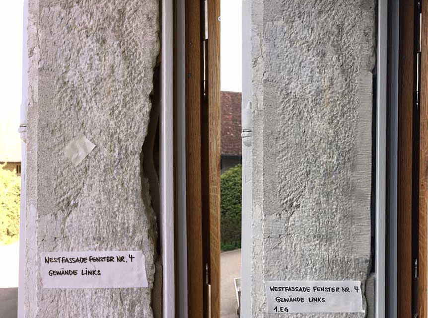 Fensterleibung Westfassade vor und nach der Restaurierung