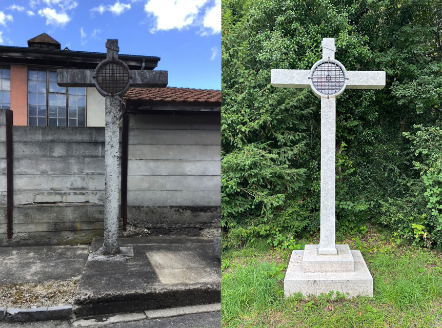 Votiv-Steinkreuz, vor und nach der Restaurierung und dem Versetzen an neuen Standort bei der Villa Obach, in Solothurn